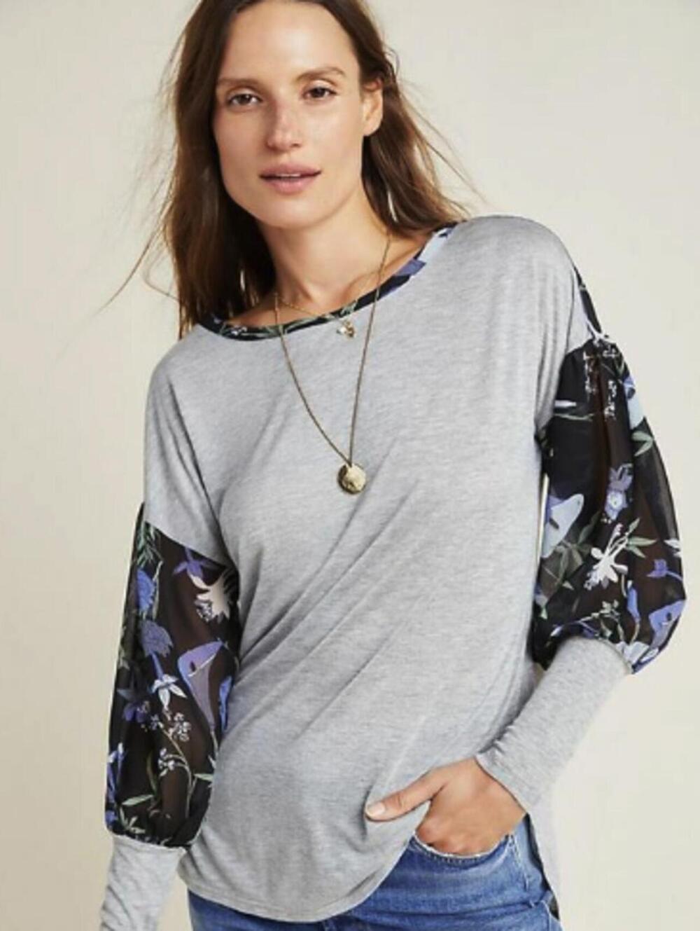 TINY by Anthropologie Gray and Blue Floral Raye Sheer Sleeve Top - Size - Medium